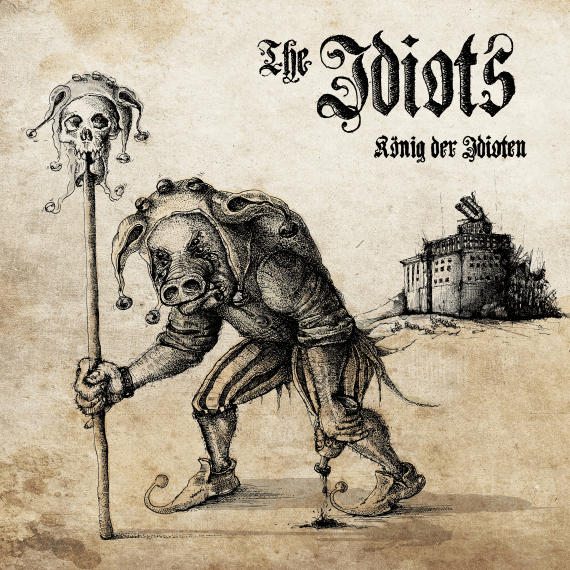 Das Cover zu Album 'König der Idioten' von THE IDIOTS zeigt das Bandmaskottchen, ein Schwein, als Hofnarr mit Clownszepter.