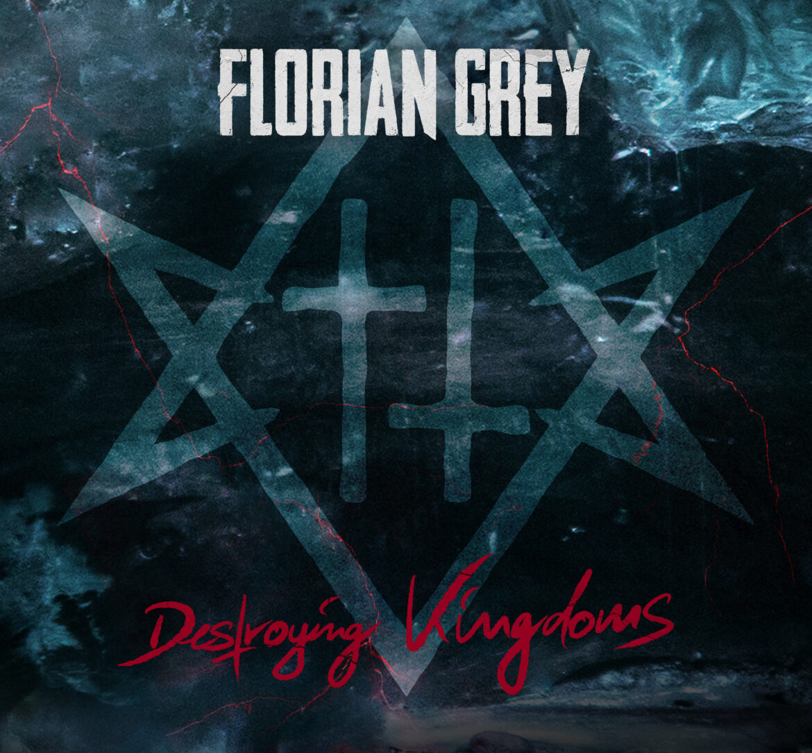 Das Cover zu FLORIAN GREYs Album 'Destroying Kingdoms' zeigt eine schöne grafische Darstellung des Bandlogos vor gescratchtem Hintergrund