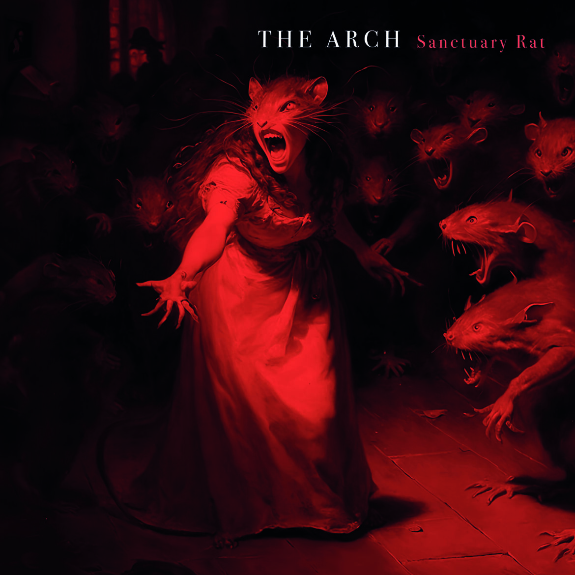 Das Cover zu THE ARCHs Single Sanctuary Rat zeigt eine gut gekleidete Rattendame inmitten eines aufgebrachen Rattenmobs.